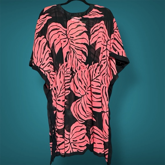 CZ Cover Ups Swimsuit Women 1x  Pink Black Sheer Waist Tie Leaf Print - Picture 8 of 8